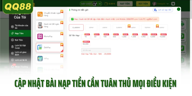 Cập nhật bài nạp tiền cần tuân thủ mọi điều kiện
